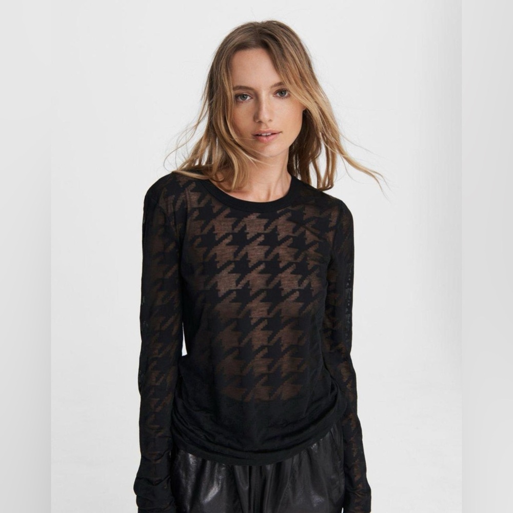 Rag & Bone Valencia Sheer Houndstooth Jersey Long Sleeve Top - Black XL